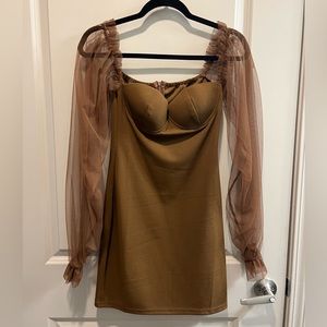 BROWN TULE SLEEVE DRESS